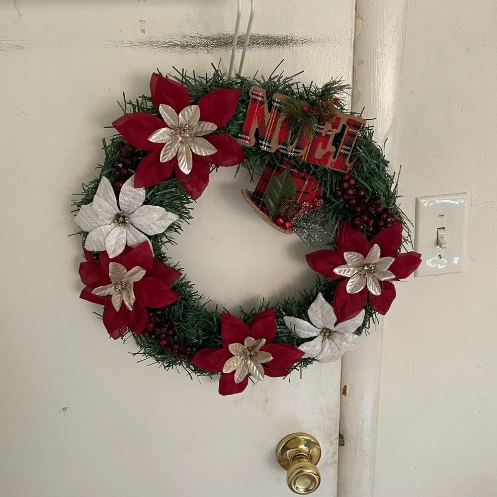 Sale on left over hand made wreaths  Holiday Wreath with Red and White Flowers